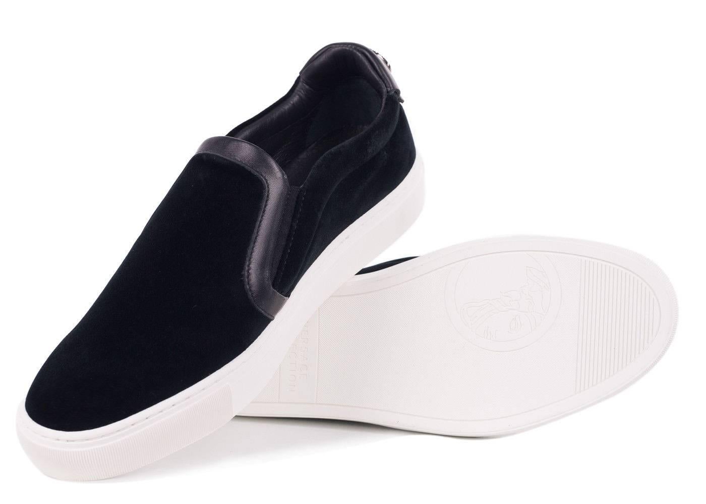 Versace Collection Black Velvet Leather Trim Slip On Sneakers For Sale 1