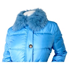 Versace Collection Blue Belted Down Puffer Coat With Fox Fur circa 2013