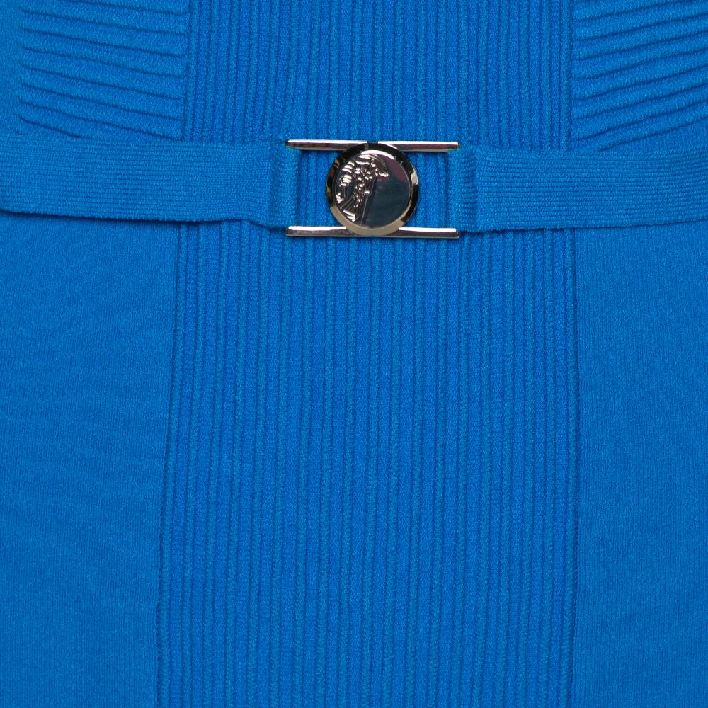 Versace Collection Blue Knit Medusa Detail Bodycon Dress M In Good Condition In Dubai, Al Qouz 2