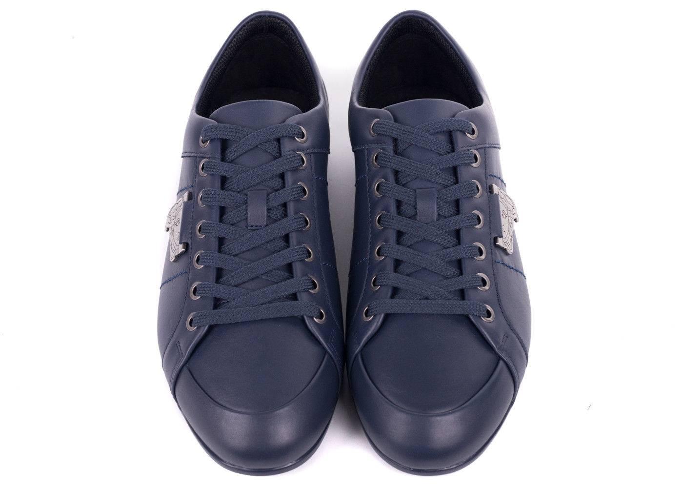 Black Versace Collection Blue Leather Low Top Sneakers For Sale