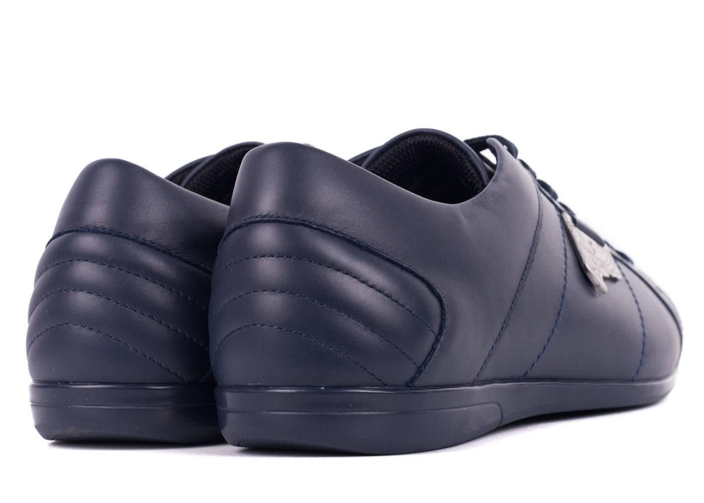 Versace Collection Blue Leather Low Top Sneakers In New Condition For Sale In Brooklyn, NY