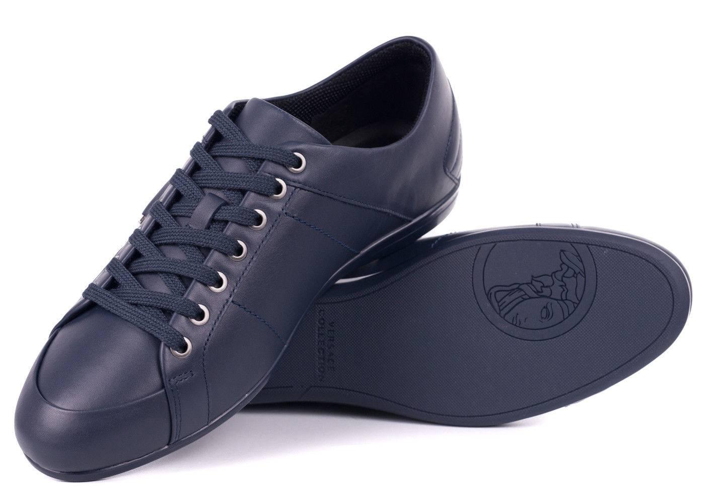 Men's Versace Collection Blue Leather Low Top Sneakers For Sale
