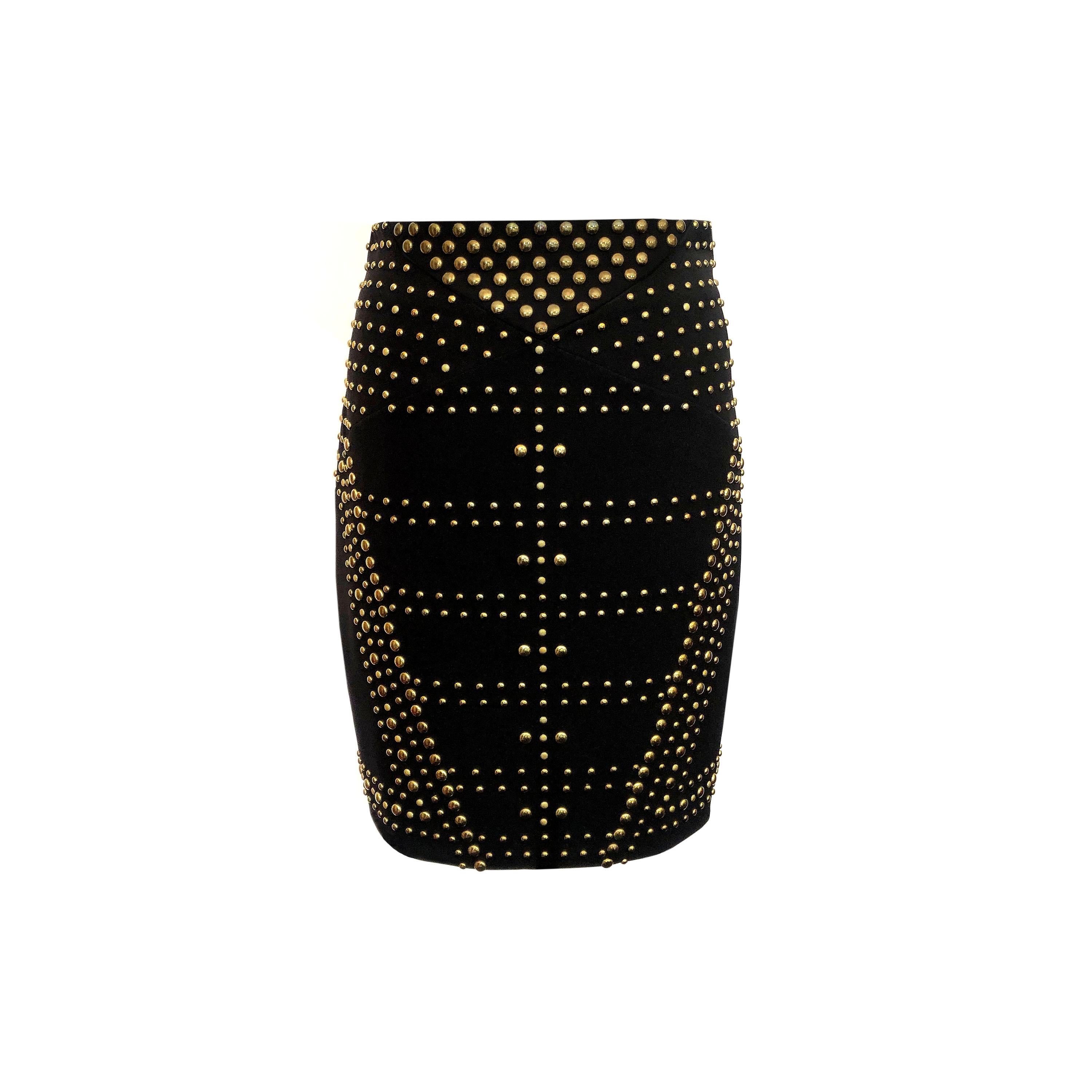 Women's Versace Collection Skirt - Brass Stud Detailing - Black Stretch Viscose