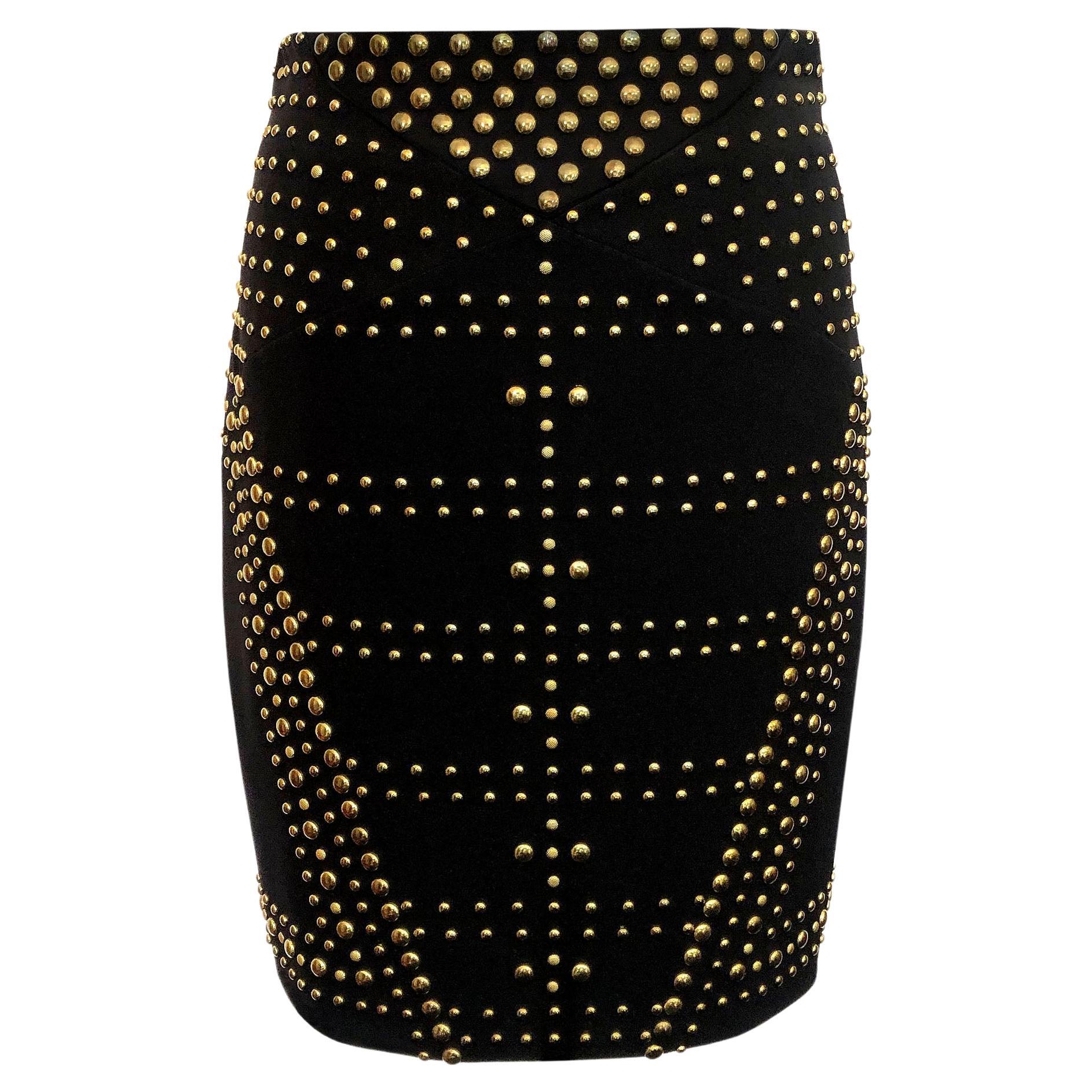 Versace Collection Skirt - Brass Stud Detailing - Black Stretch Viscose