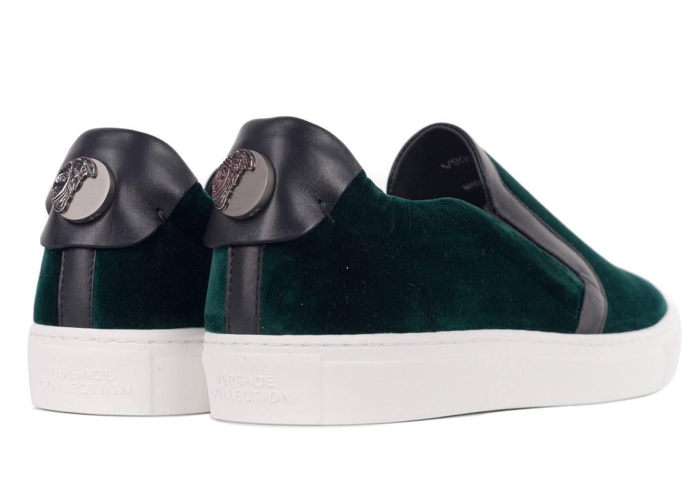 Versace Collection Emerald Green Velvet Slip On Sneakers In New Condition For Sale In Brooklyn, NY