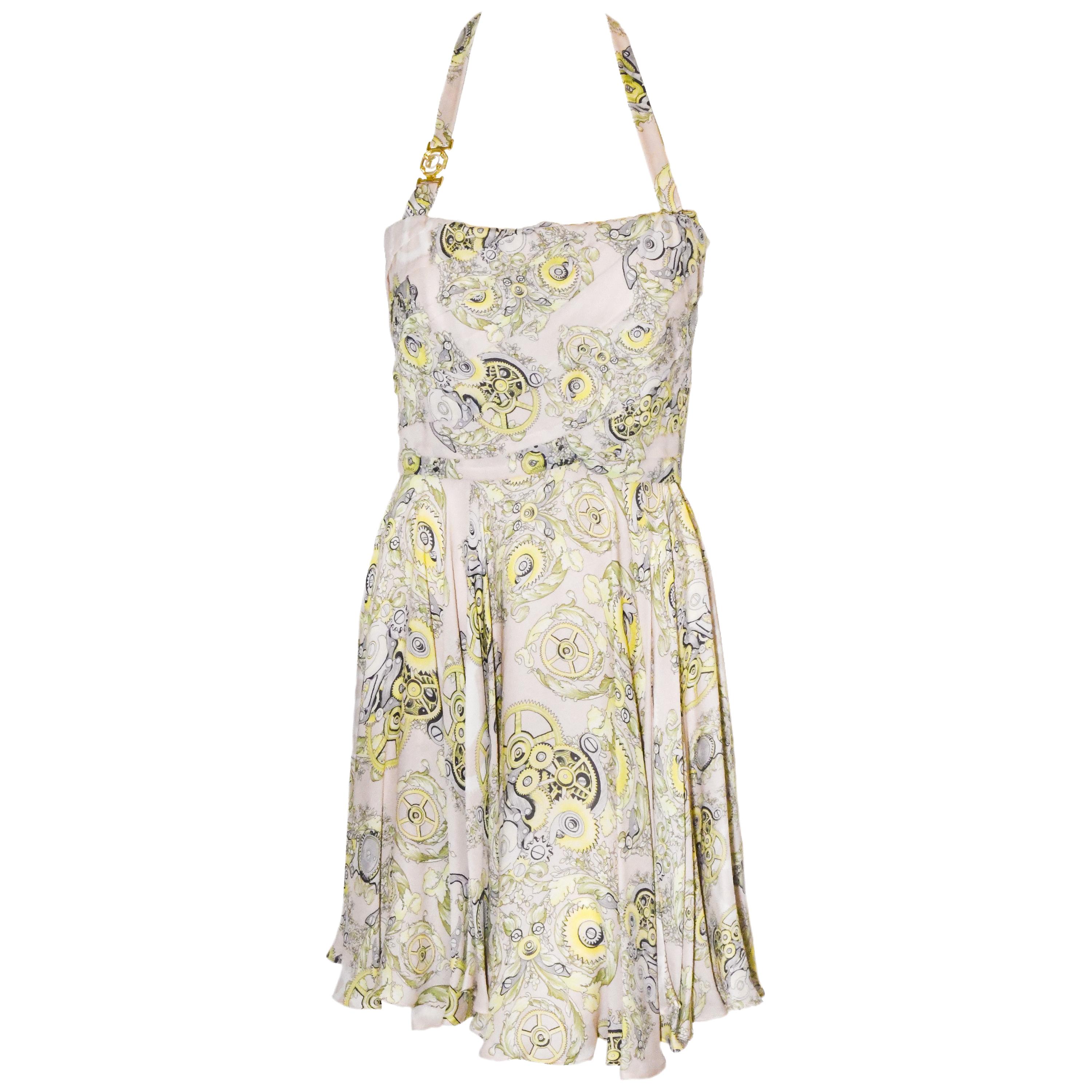 Versace Collection Halter Top Full Skirt White & Yellow Print Dress For Sale