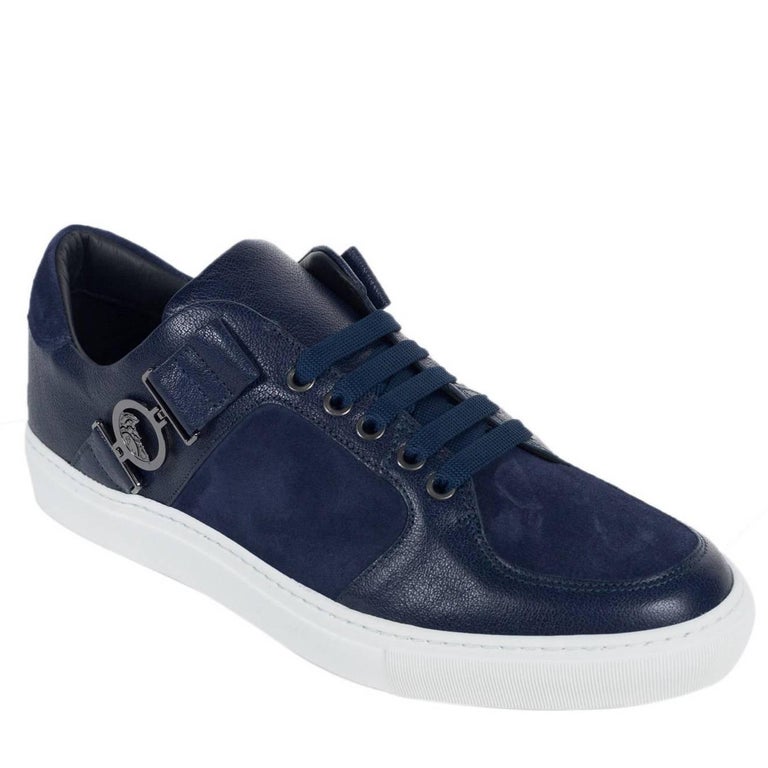 Versace Collection Men Navy Suede Leather Low Top Sneakers For Sale at ...