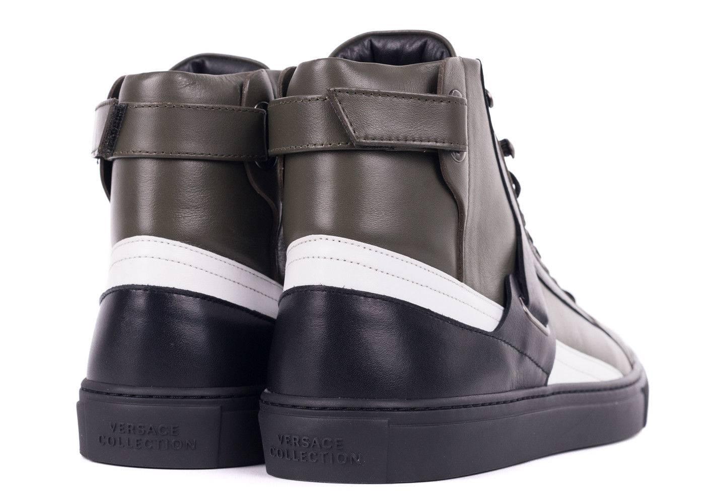 Black Versace Collection Mens Green Leather Harness Hi Top Sneakers For Sale