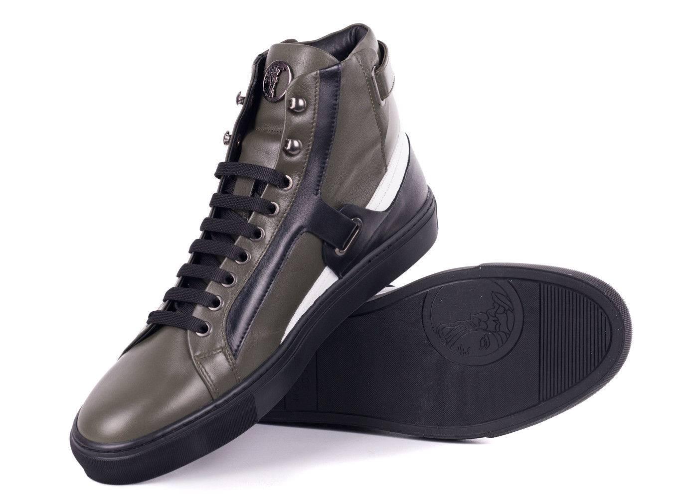 Men's Versace Collection Mens Green Leather Harness Hi Top Sneakers For Sale