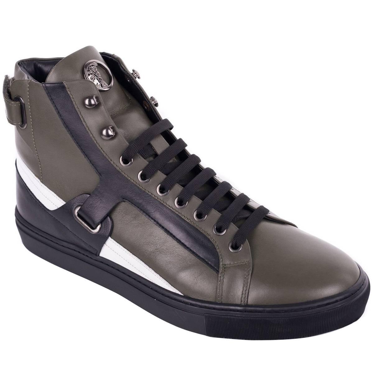 Versace Collection Mens Green Leather Harness Hi Top Sneakers For Sale