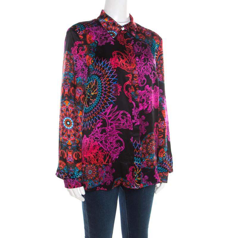 Black Versace Collection Multicolor Paisley Glow Print Satin Silk Long Sleeve Shirt L