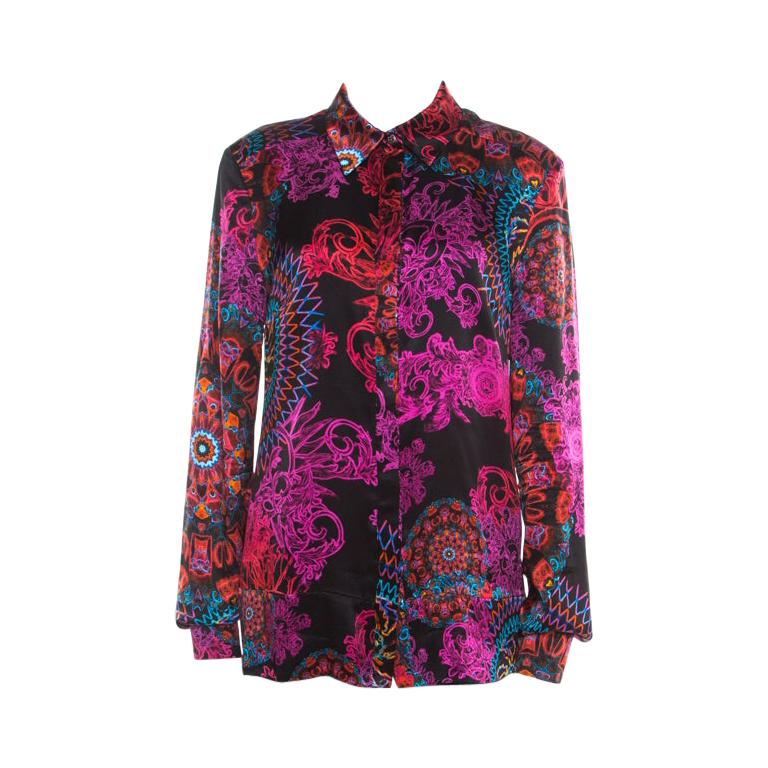 Versace Collection Multicolor Paisley Glow Print Satin Silk Long Sleeve Shirt L