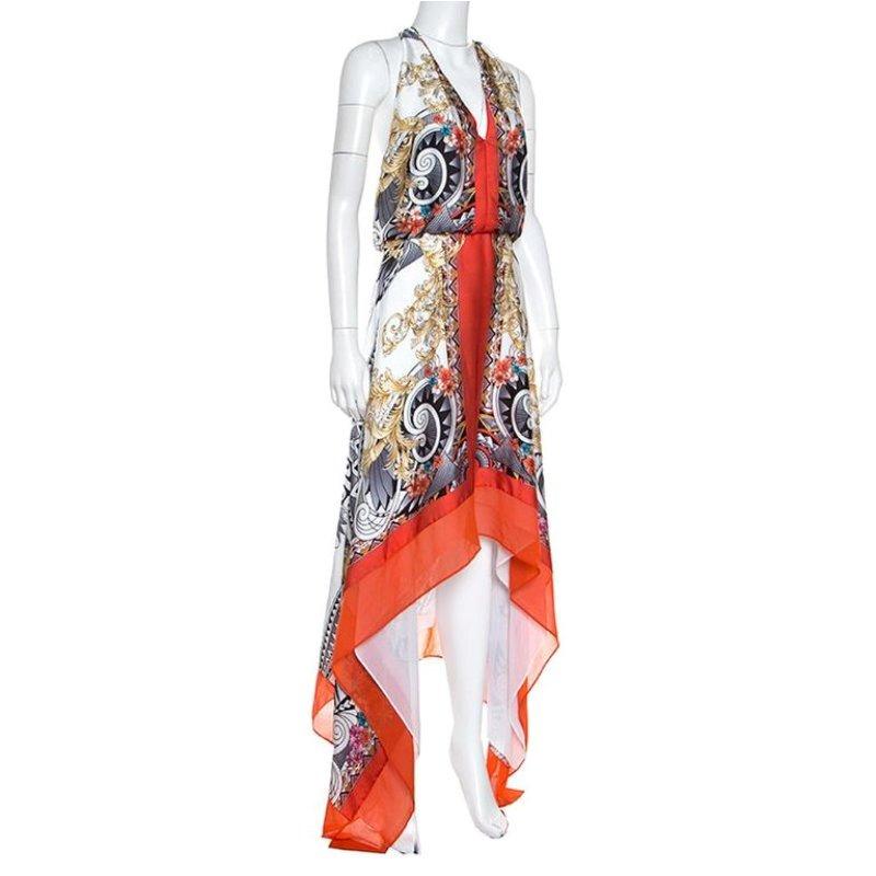 Beige Versace Collection Multicolor Printed Plunge Neck Handkerchief Hem Detail Dress 