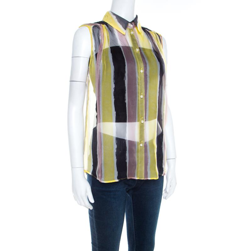 Brown Versace Collection Multicolor Striped Silk Pearl Button Sleeveless Shirt M