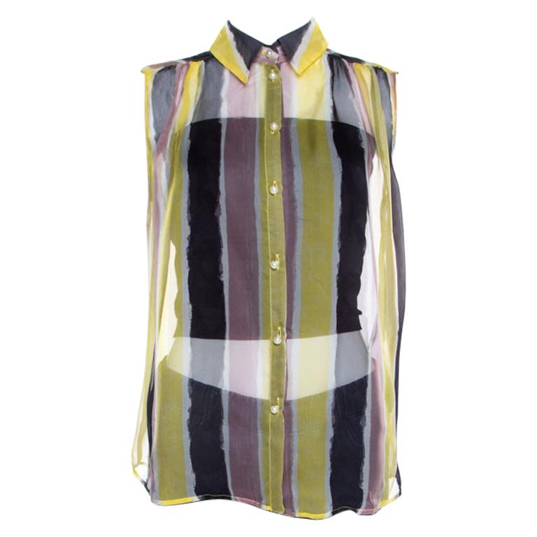 Versace Collection Multicolor Striped Silk Pearl Button Sleeveless Shirt M