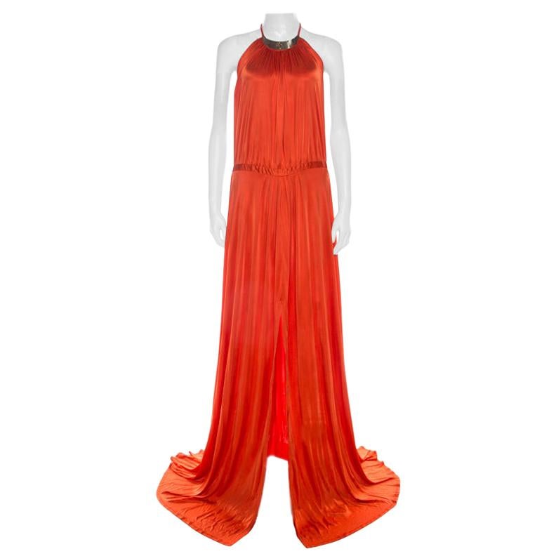 Versace Collection Orange Knit Medusa Icon Choker Detail Halter Gown L