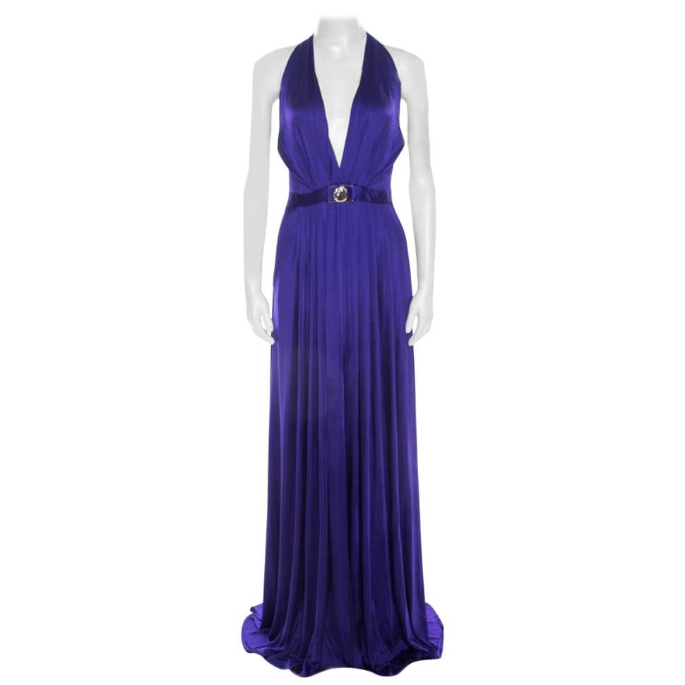 Versace Collection Purple Pleated Plunge Neck Medusa Icon Evening Gown S