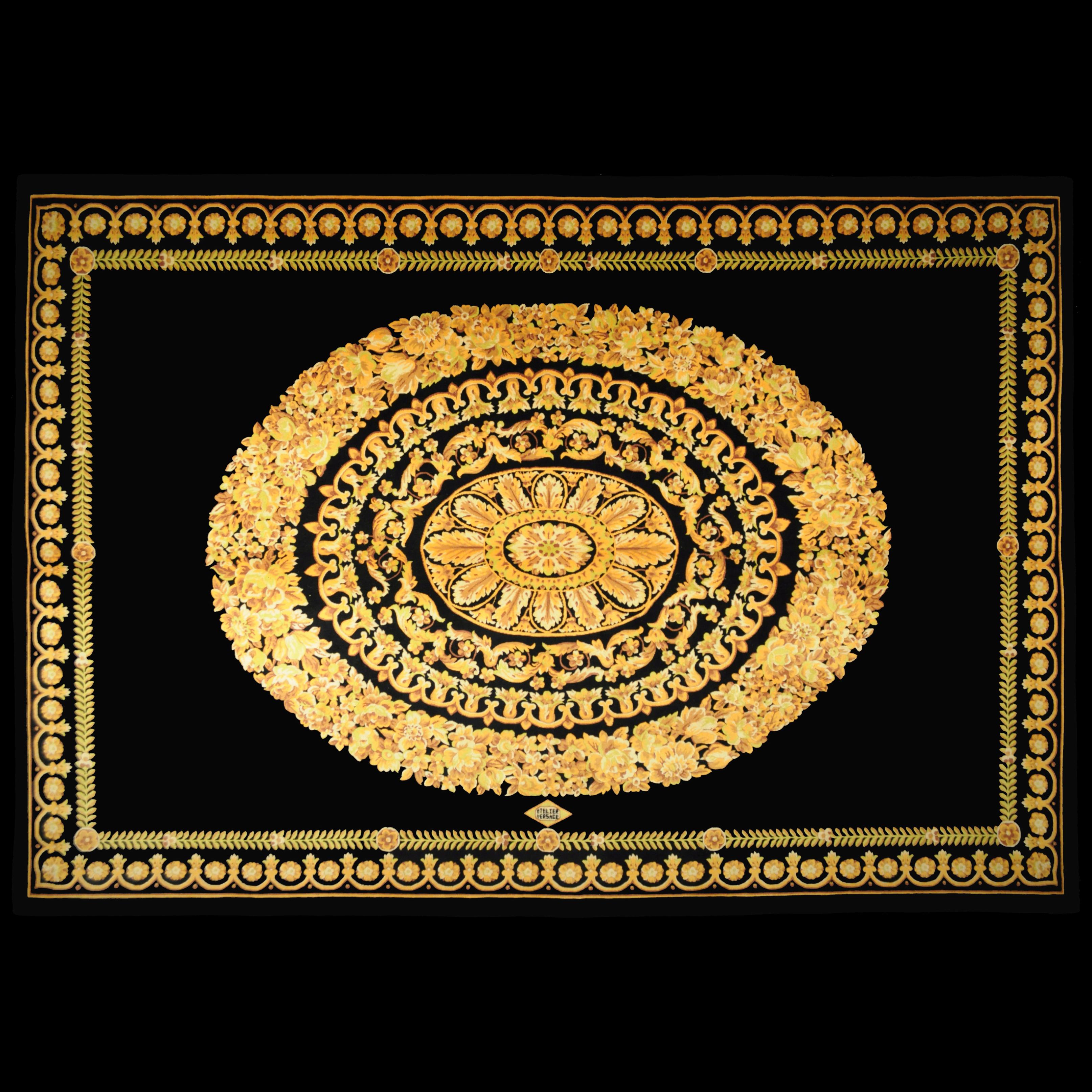 Rug made in China designed and manufactured by Atelier Versace

Petit Barocco Nero 200 x 300 

In good original condition, with minor wear consistent with age and use

A vintage Gianni Versace home signature wool rug. Baroque gold