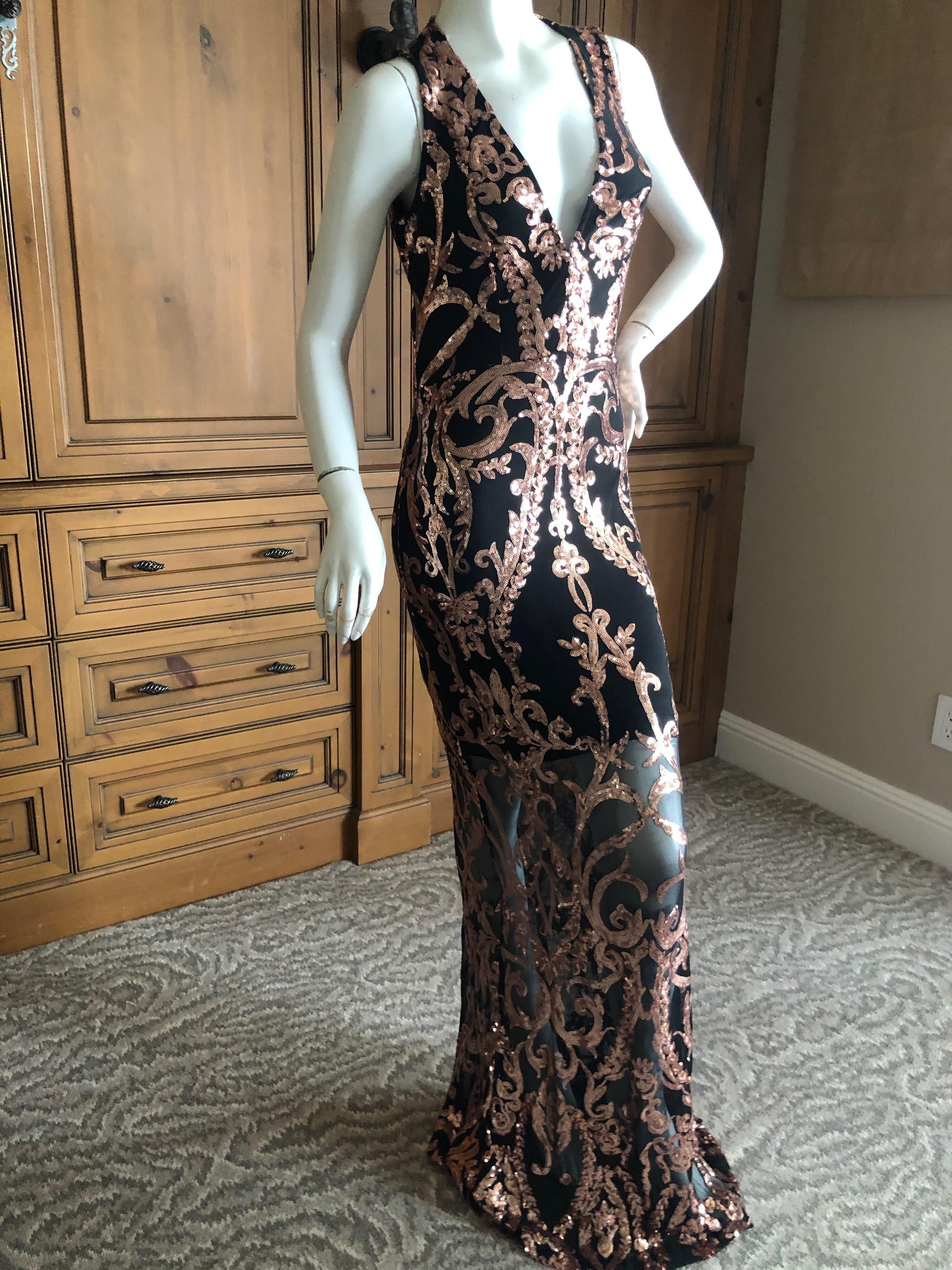 Versace Collection Sheer Net Evening Dress with Baroque Gold Sequin Details For Sale 3