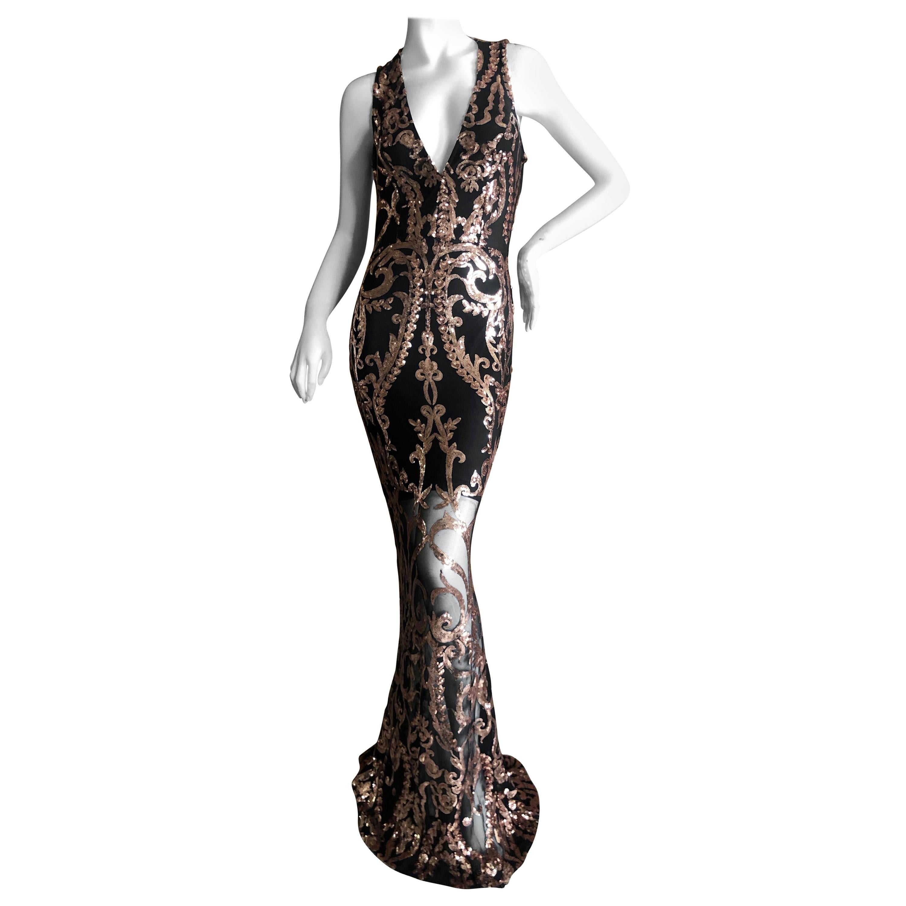 Versace Collection Sheer Net Evening Dress with Baroque Gold Sequin Details For Sale