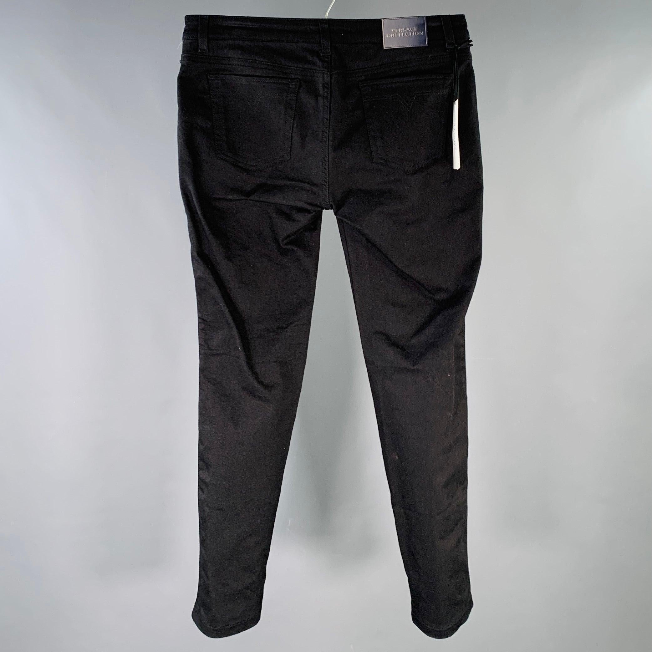 VERSACE COLLECTION Size 30 Donna Black Cotton Blend Studded Skinny Jeans In Good Condition For Sale In San Francisco, CA