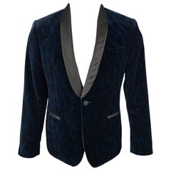 VERSACE COLLECTION Size 38 Navy & Black Animal Print Velvet Shaw Lapel Coat