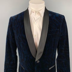 VERSACE COLLECTION Size 40 Navy & Black Leopard Print Shawl Collar Sport Coat