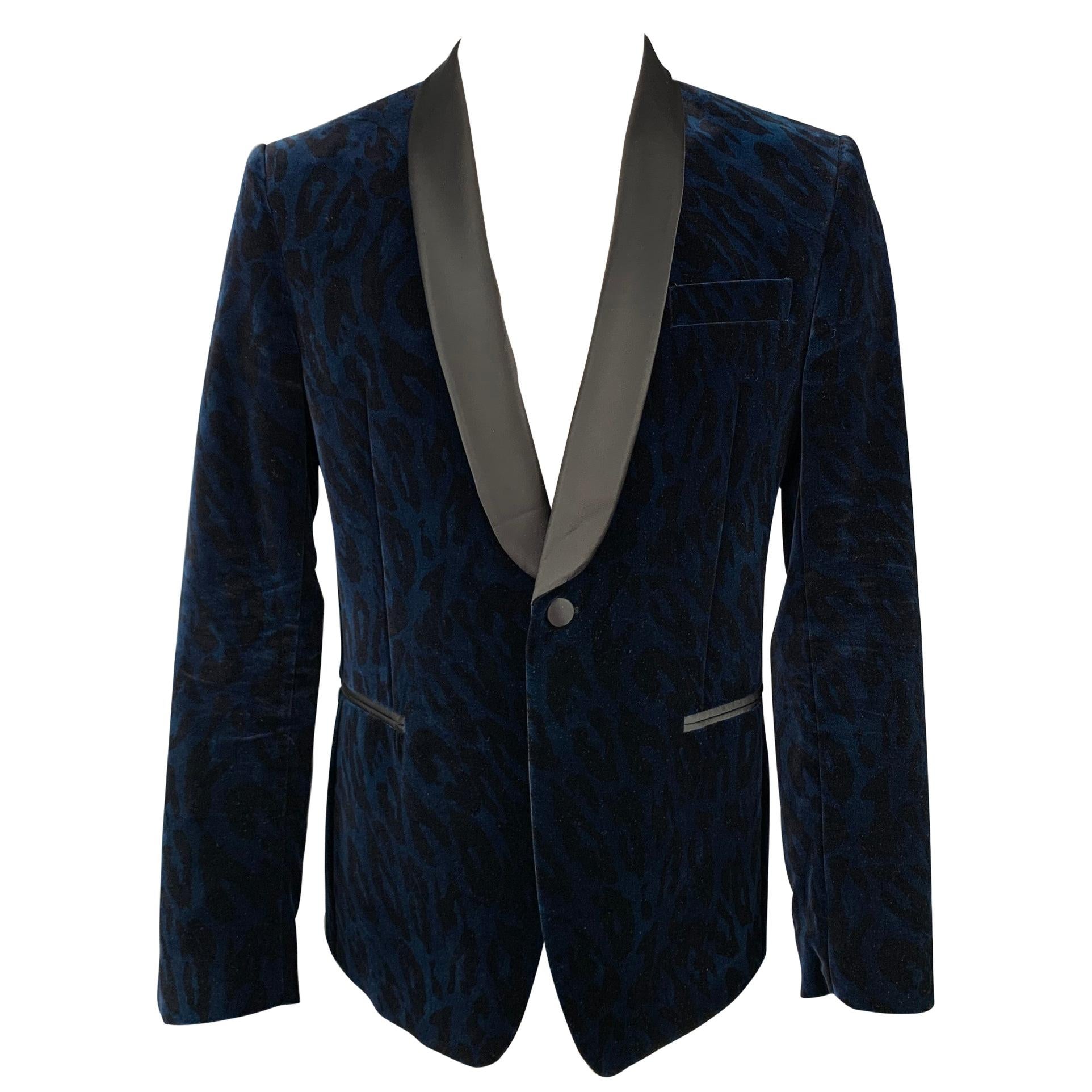 VERSACE COLLECTION Size 40 Navy 
Black Leopard Print Shawl Collar Sport Coat