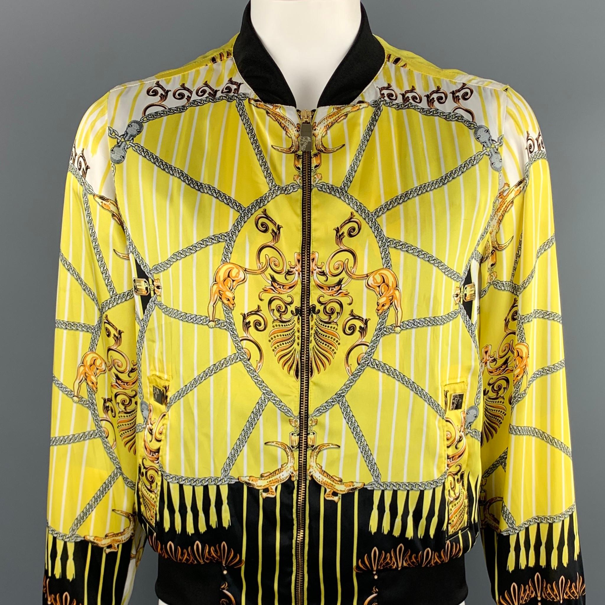 VERSACE COLLECTION jacket comes in a yellow & black print polyester featuring a bomber style and a full zip closure. Minor discoloration. As-Is. Made in Romania.

Good Pre-Owned Condition.
Marked: IT 52

Measurements:

Shoulder: 16 in. 
Chest: 42