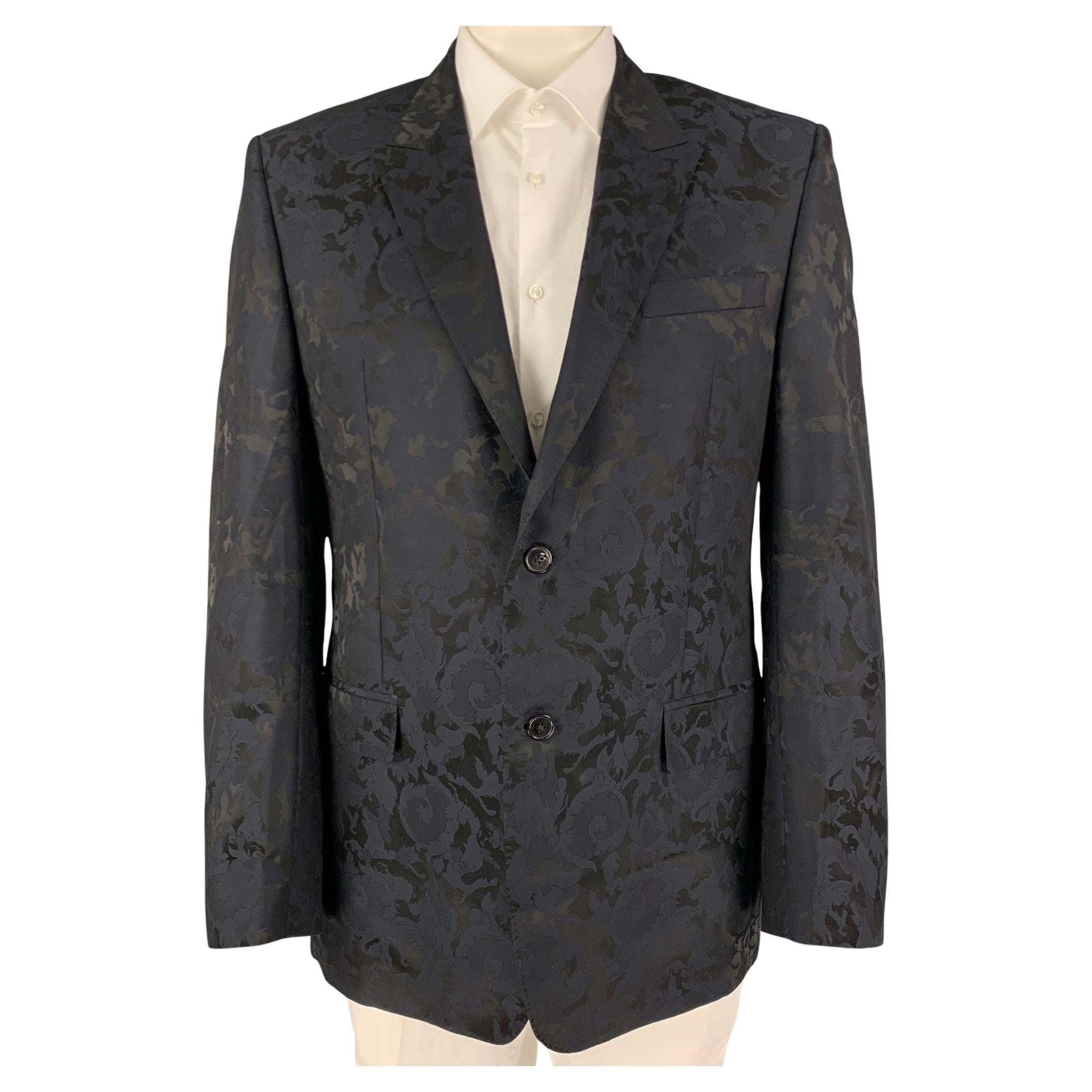 VERSACE COLLECTION Size 44 Black Navy Floral Acetate Wool Sport Coat