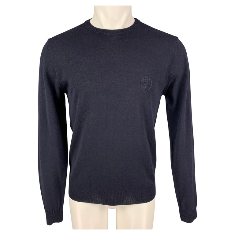 VERSACE COLLECTION Size L Navy Knitted Merino Wool Pullover For Sale