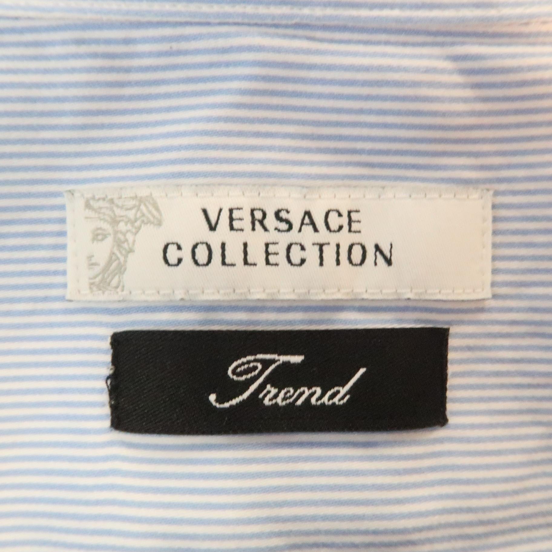 Men's VERSACE -COLLECTION Size L White & Blue Stripe Cotton Long Sleeve Shirt
