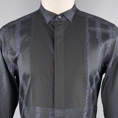 VERSACE COLLECTION Size M Black & Navy Stripe Print Cotton Tuxedo Bib Shirt