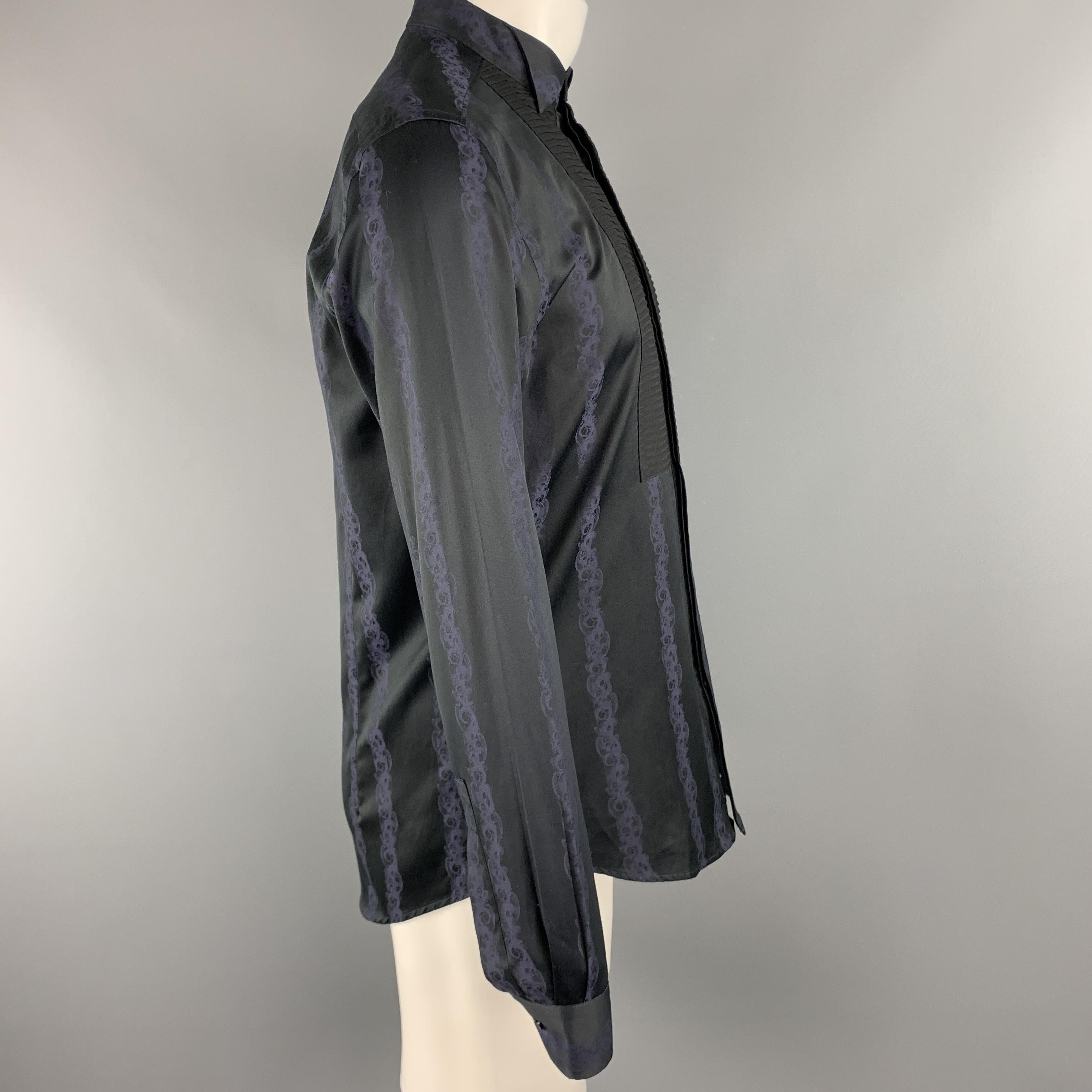 Men's VERSACE COLLECTION Size M Black & Navy Stripe Print Cotton Tuxedo Bib Shirt