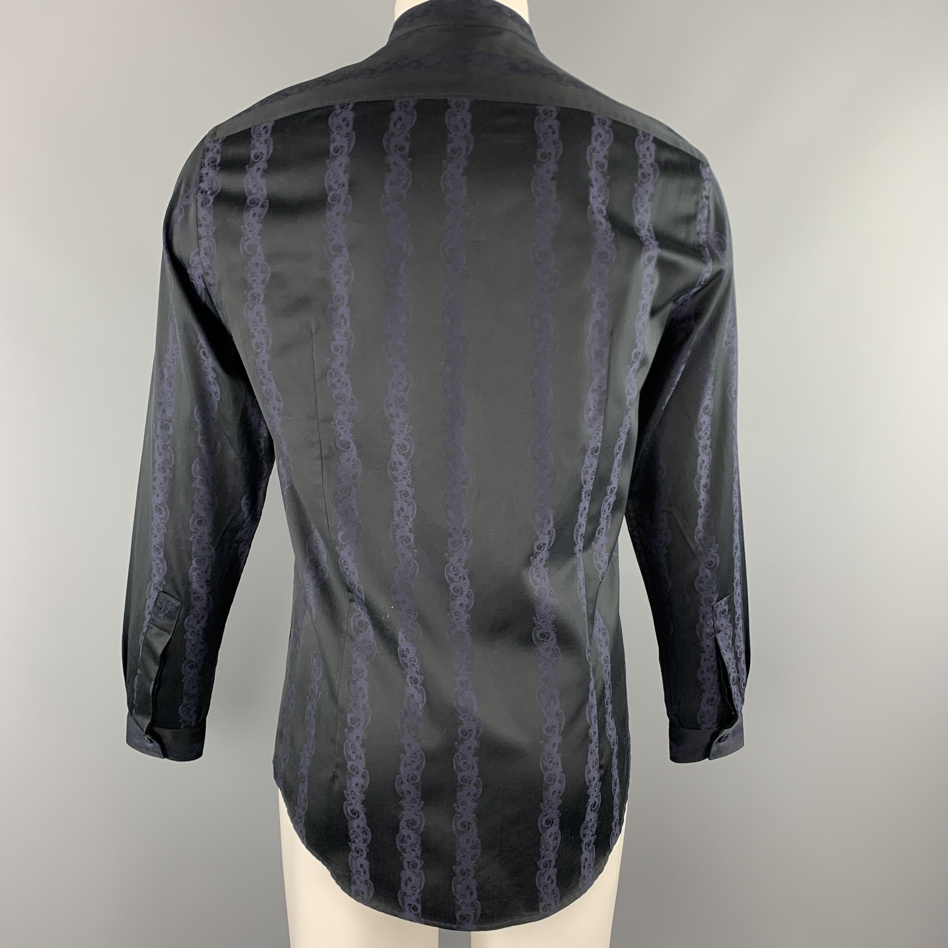 VERSACE COLLECTION Size M Black & Navy Stripe Print Cotton Tuxedo Bib Shirt 1