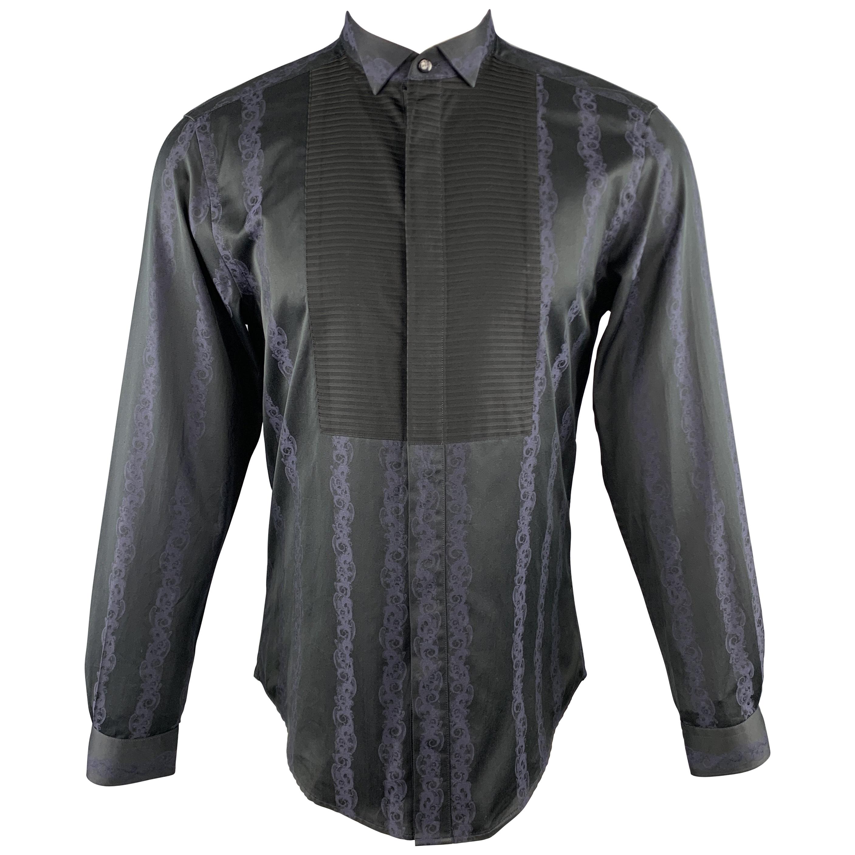 VERSACE COLLECTION Size M Black & Navy Stripe Print Cotton Tuxedo Bib Shirt