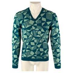 VERSACE COLLECTION Size M Green Mint Geometric Viscose Blend V-Neck Sweater
