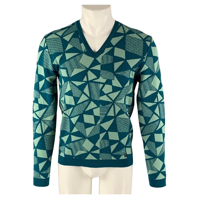 VERSACE COLLECTION Size M Green Mint Geometric Viscose Blend V-Neck Sweater  For Sale at 1stDibs