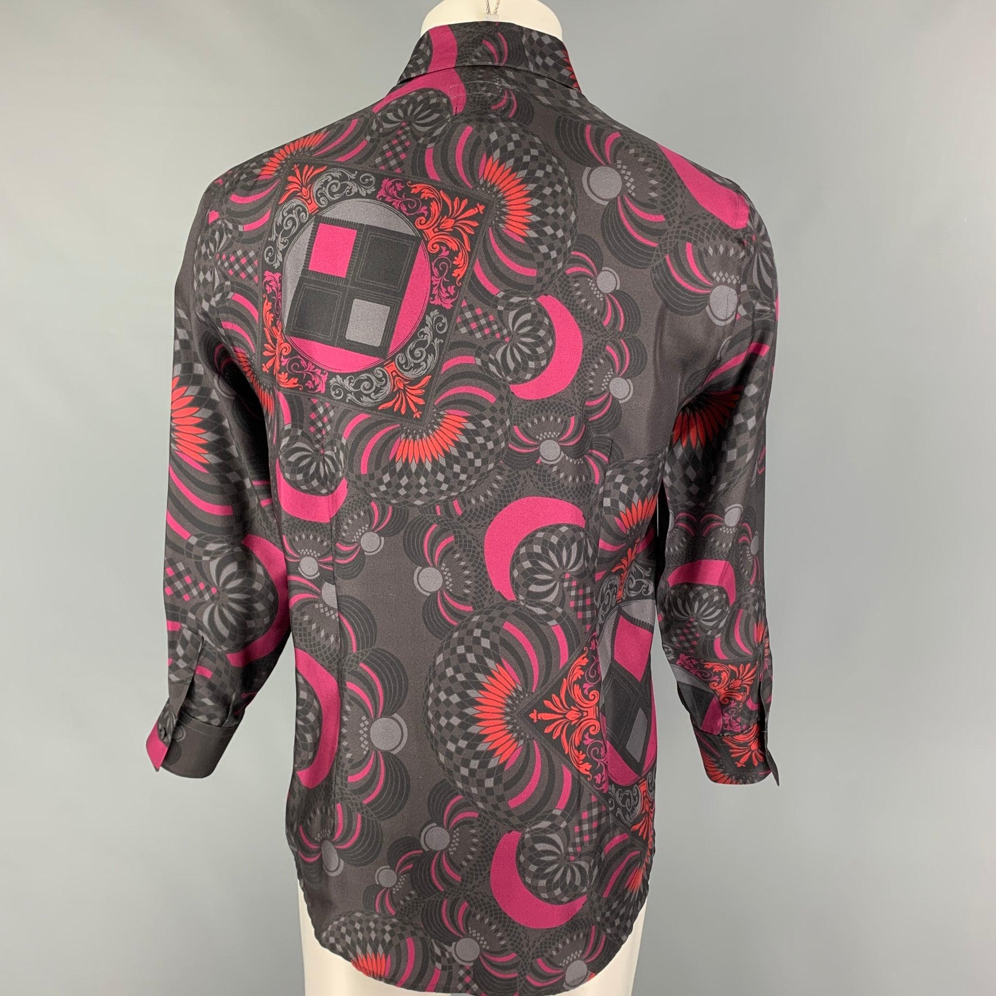 VERSACE COLLECTION Size S Dark Gray Magenta Print Silk Long Sleeve Shirt In Good Condition For Sale In San Francisco, CA