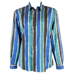 Versace Collection - Camicia a maniche lunghe a righe bianche, blu, verdi e nere taglia XL