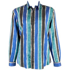 Versace Collection - Camicia a maniche lunghe a righe bianche, blu, verdi e nere taglia XL