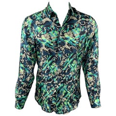 VERSACE COLLECTION Trend Size S Green & Navy Print Silk Shirt