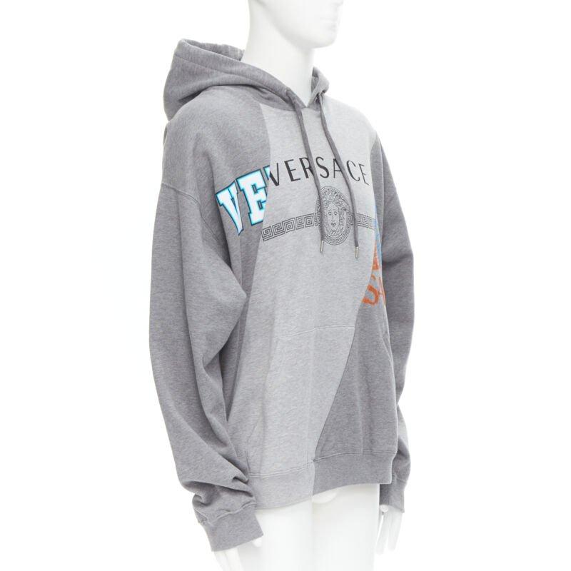 Gray VERSACE Compilation deconstructed mixed logo cotton hoodie grey melange XS For Sale