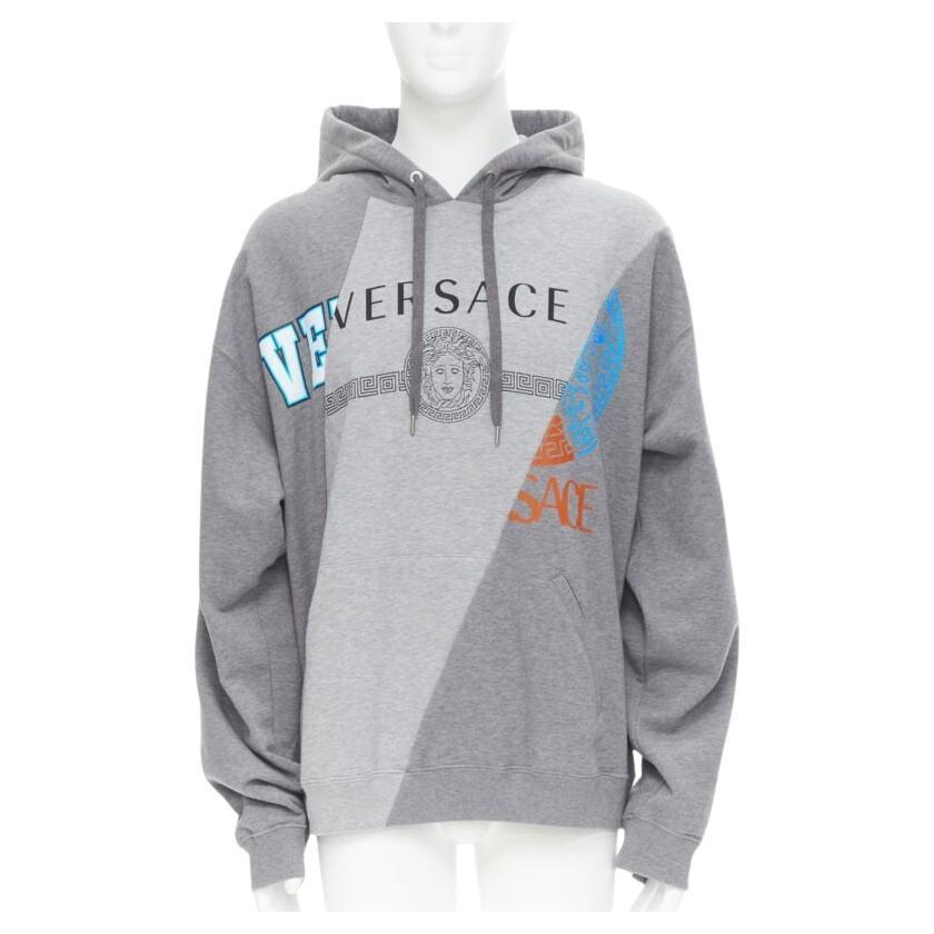 VERSACE Compilation deconstructed mixed logo cotton hoodie grey melange XS For Sale