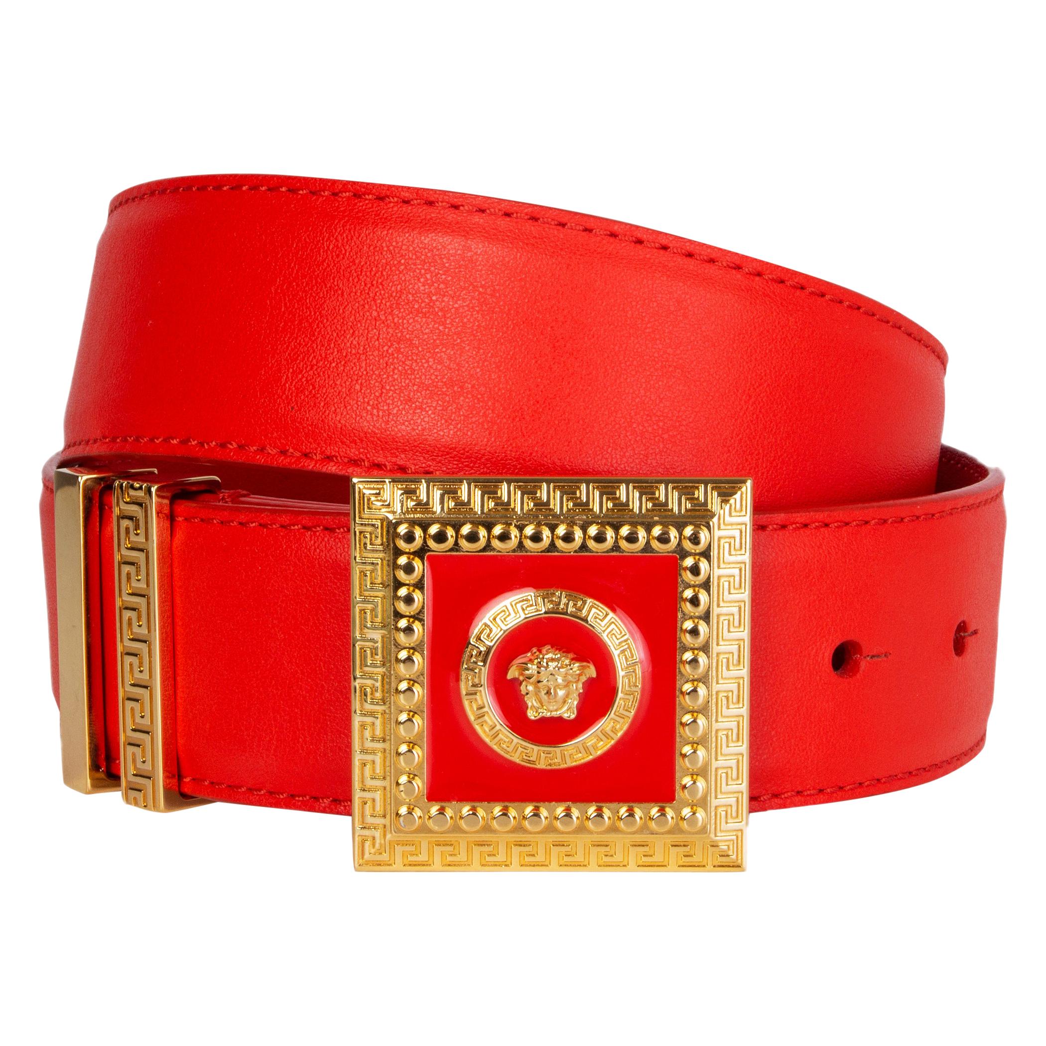 VERSACE coral red leather & gold MEDUSA BUCKLE Belt 75