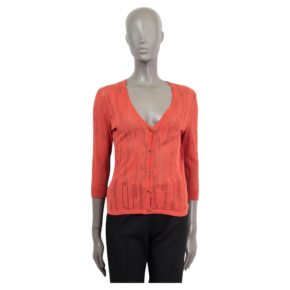 VERSACE coral red viscose & cotton POINTELLE BUTTON FRONT Cardigan Sweater 40 S For Sale