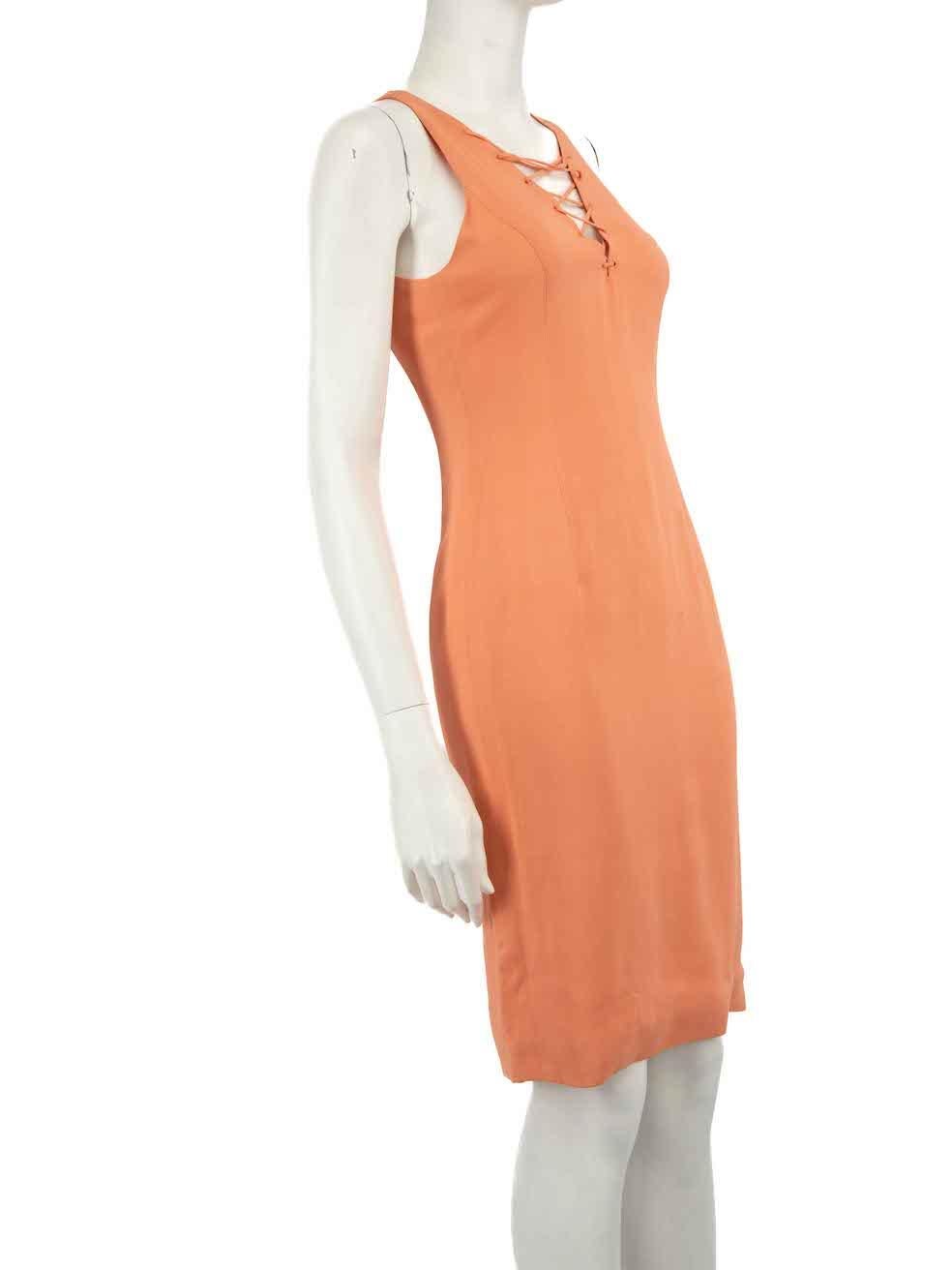 CONDITION is Good. General wear to dress is evident. Moderate signs of wear to the front and back with discoloured marks and pilling to the texture on this used Versace designer resale item.
 
 Details
 Coral
 Viscose
 Dress
 Sleeveless
 Mini
 Laced