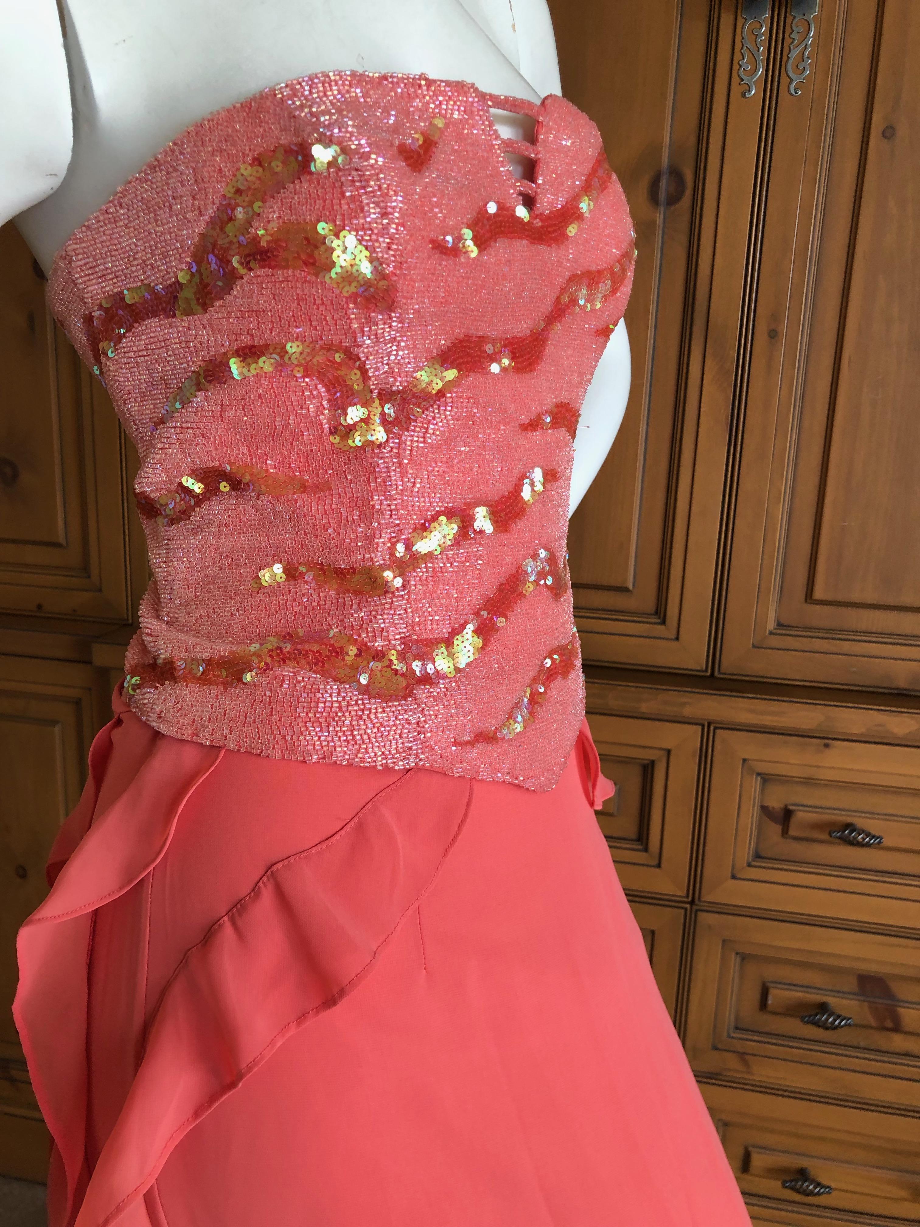 Pink Versace Coral Vintage SIlk Bustier Dress with Glass Bugle Beading and Sequins  For Sale