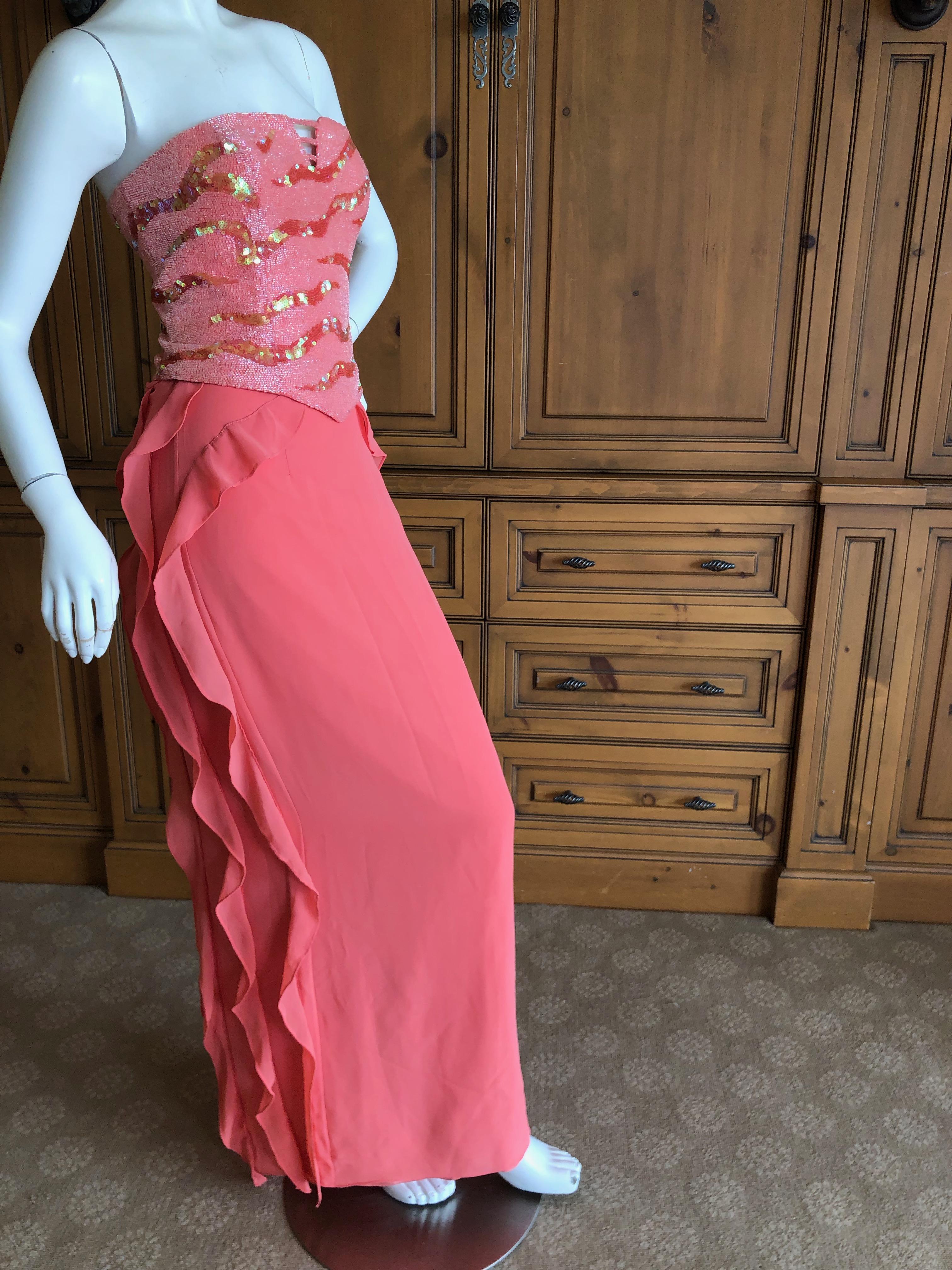 Versace Coral Vintage SIlk Bustier Dress with Glass Bugle Beading and Sequins  In Excellent Condition For Sale In Cloverdale, CA