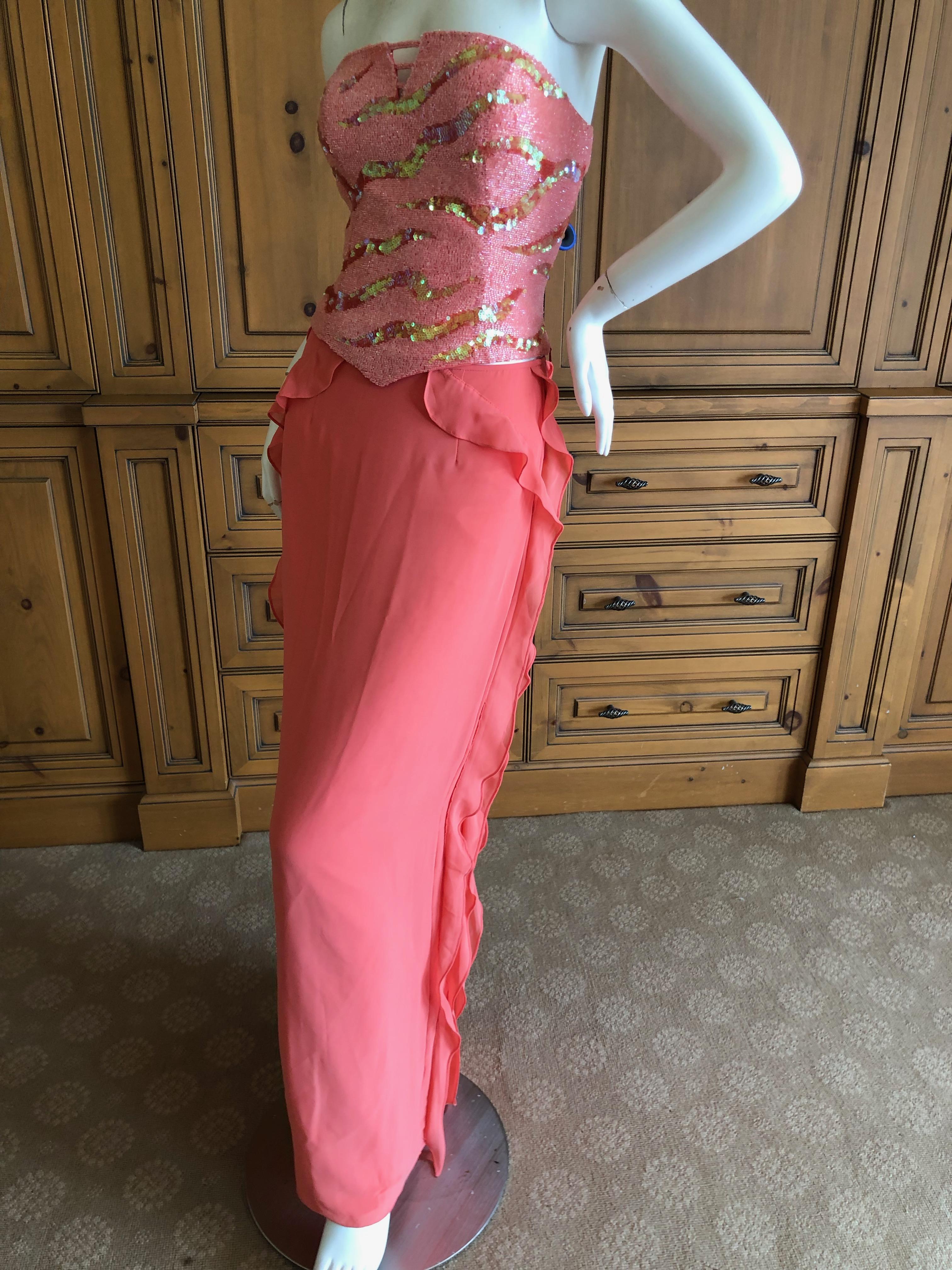 Women's Versace Coral Vintage SIlk Bustier Dress with Glass Bugle Beading and Sequins  For Sale